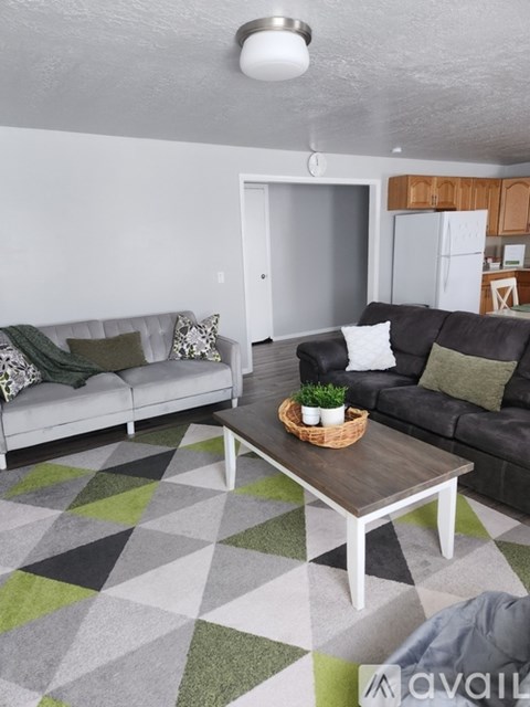 A living room with a black couch and a white couch with a green pillow.