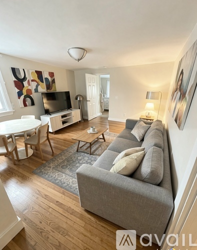 A living room with a grey couch and a television.