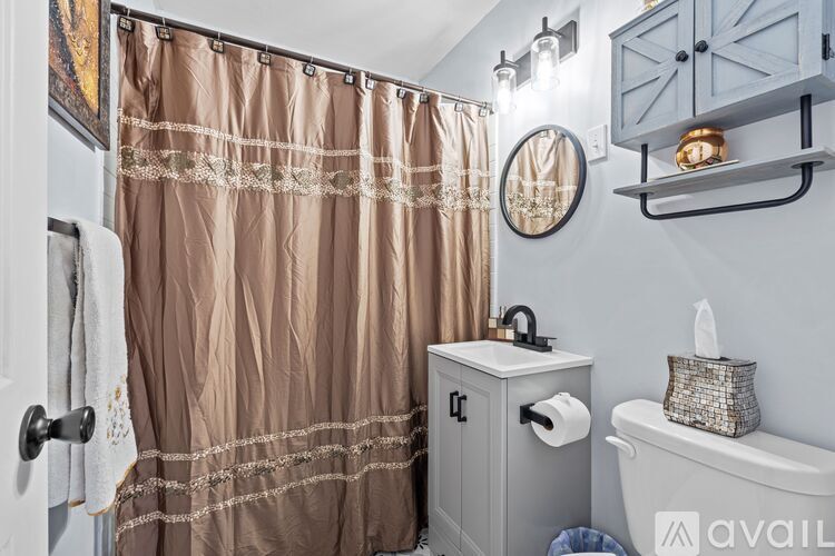 A bathroom with a brown shower curtain and a white toilet paper holder.