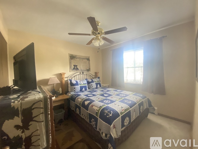 A bedroom with a bed, a ceiling fan, and a television.
