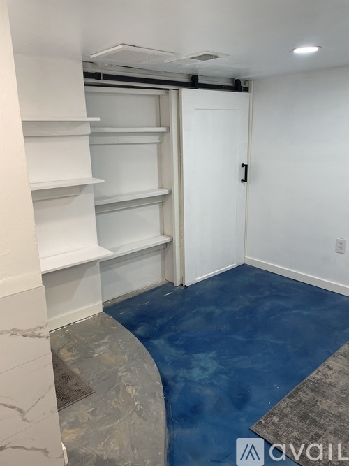 A room with a white door, shelves, and a blue floor.