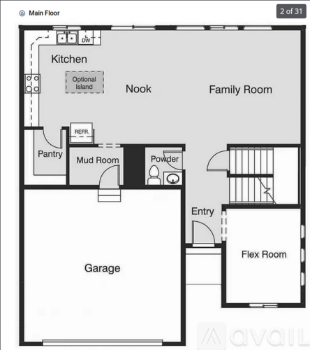 A floor plan of a house with a garage, kitchen, and family room.