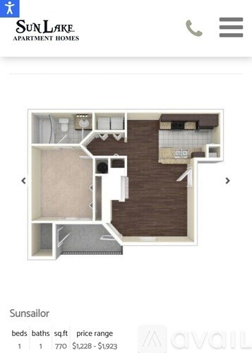 A Sun Lake Apartment Homes listing shows a Sunsailor apartment with one bedroom, one bathroom, and 770 square feet for a price range of $1,228 to $1,923