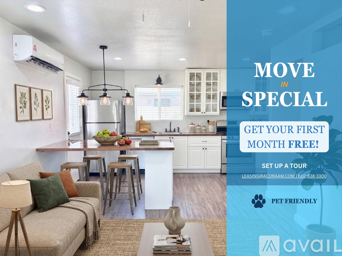 A modern kitchen and living room with a promotion for a free first month.