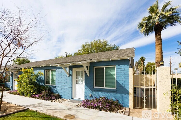 A blue house with a white door and a palm tree in front.