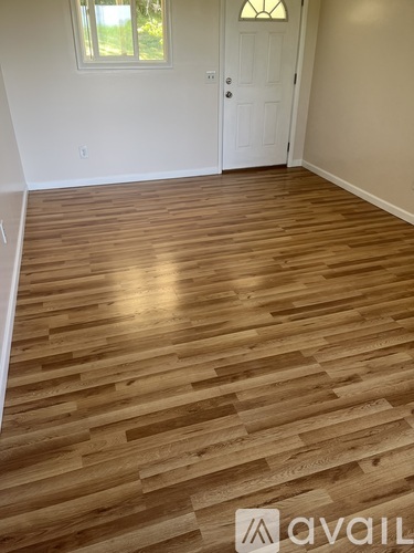 A room with wooden flooring and a white door.