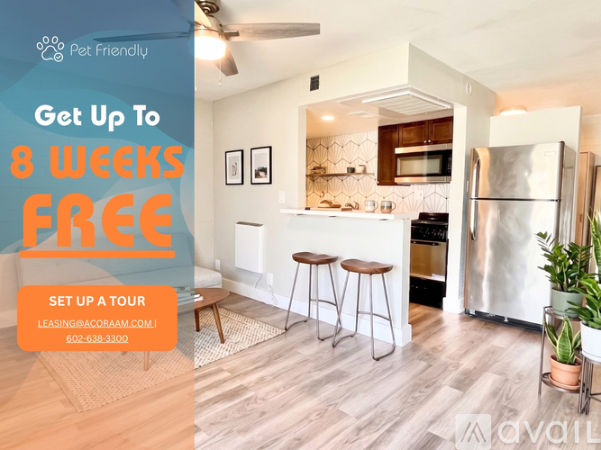 A modern kitchen with a promotion for a free 8-week lease.