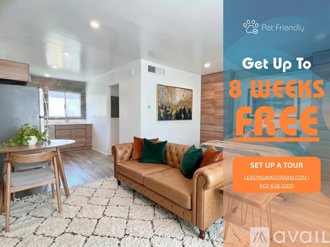 A living room with a couch, chair, and a rug, with an offer for a free 8-week lease.