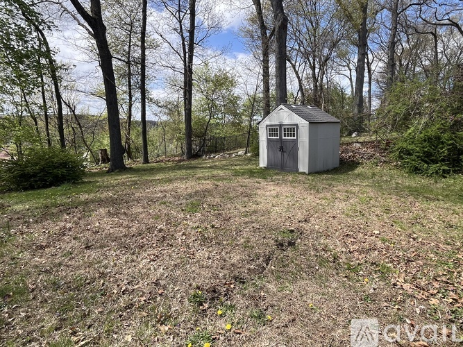 A shed sits in a field with trees in the background.