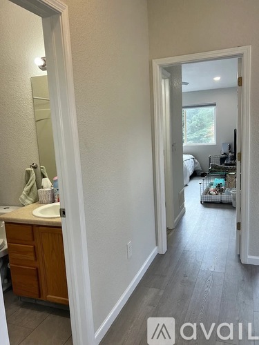 A bathroom with a sink and mirror on the left and a hallway leading to a bedroom on the right.