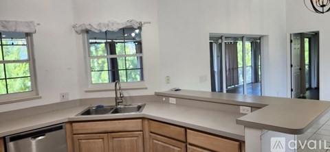 A kitchen with a sink and a window.