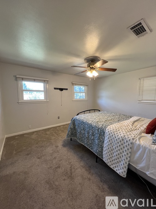 A bedroom with a bed, carpet, and a ceiling fan.