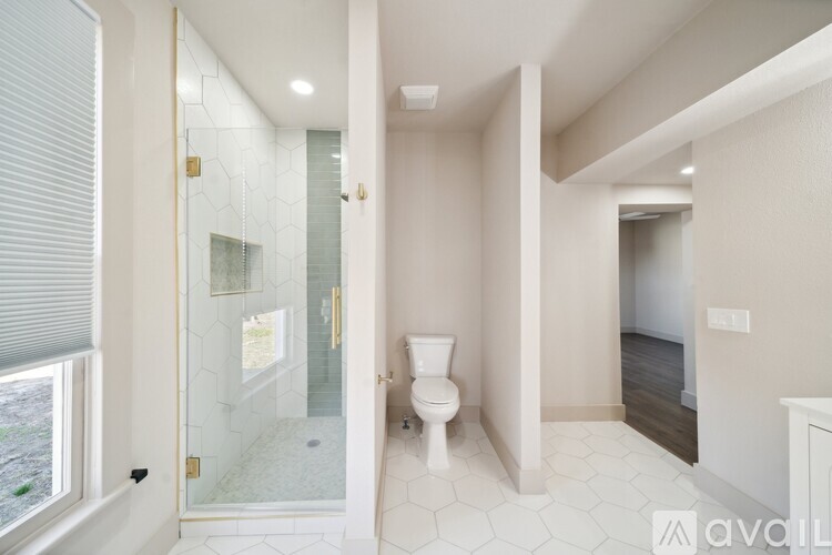 A bathroom with a toilet, a walk-in shower, and a window.