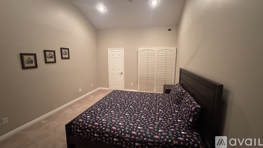 A bedroom with a bed, two pictures on the wall, and a door with a white shutter.