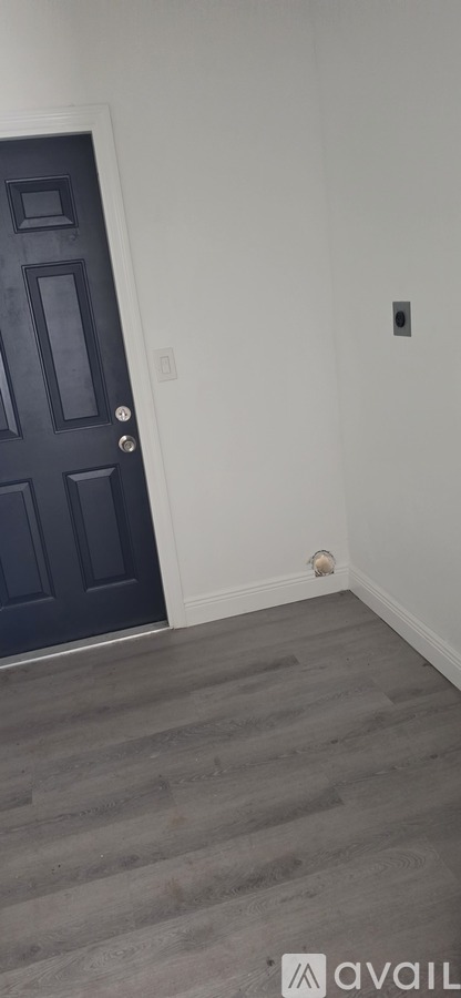 A black door is on the left and a light switch is on the wall.