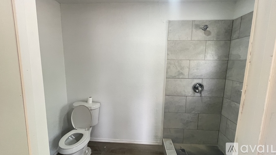 A bathroom with a toilet and a shower.