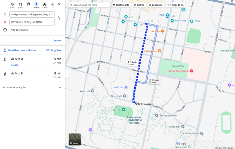 A map with a blue dotted line indicating a route from 1027 Hutton St to 1027 Sage Ave.