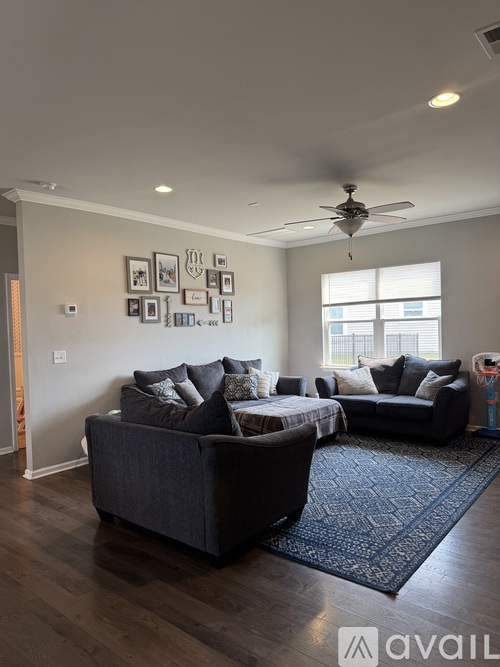 A living room with two couches and a rug.