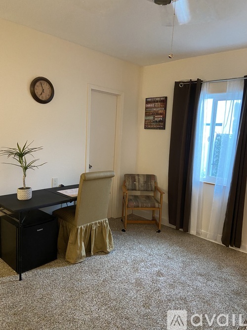 A room with a desk, chair, and a plant.