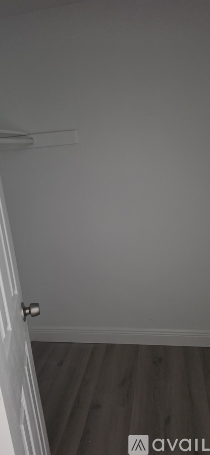 A white door with a handle is in the room.