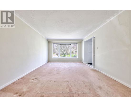 A room with a carpeted floor and a window with a view of trees.