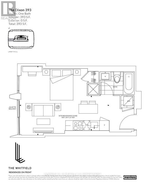 A floor plan for a studio apartment with one bathroom and kitchenette.