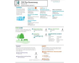 A real estate listing for 799 The Queensway in Etobicoke, ON shows a home with a 3-minute walk to a park and a 20-minute walk to a facility with a 2