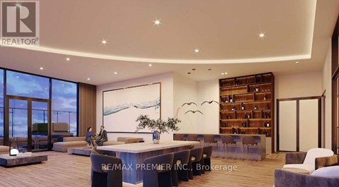A modern living room with a large window and a painting of a beach scene on the wall.