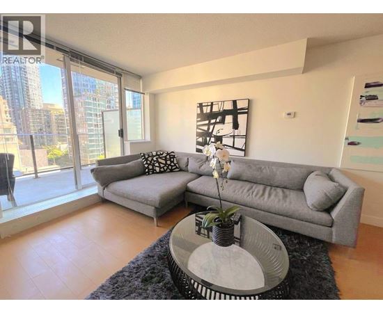 A living room with a grey sofa and a coffee table with a plant on it.