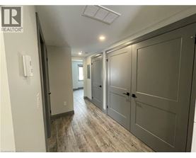 A hallway with a white door on the left and a grey door on the right.