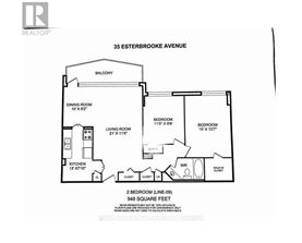 A black and white image of a floor plan for a 2 bedroom apartment.