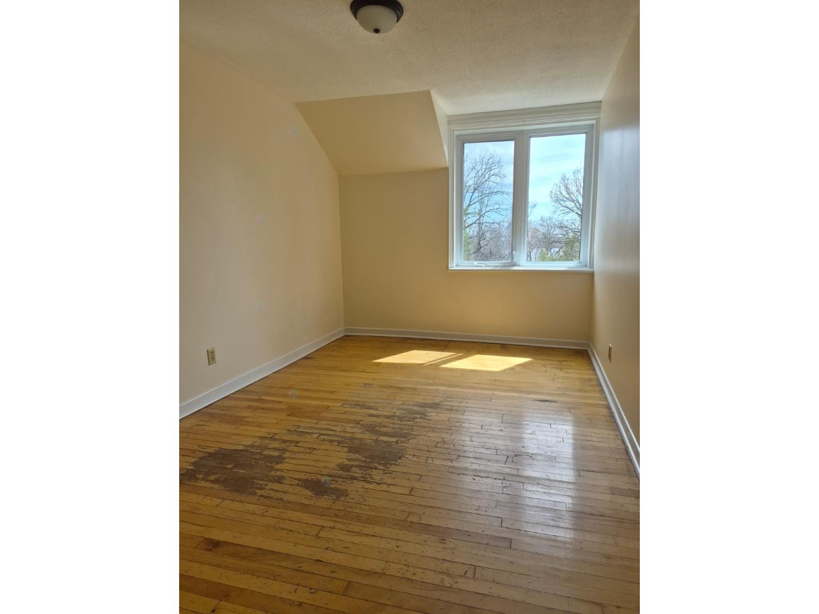A room with wooden floors and a window showing trees outside.