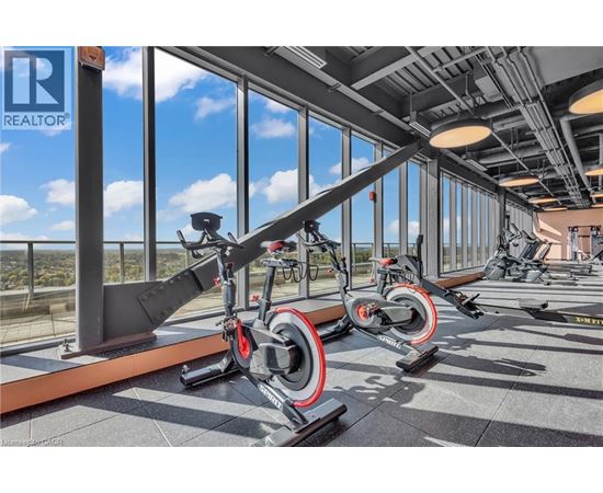 A gym with a row of stationary bikes and a large window.
