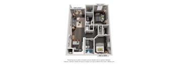 A 3D floor plan of a small apartment with a kitchen, living room, and two bedrooms.