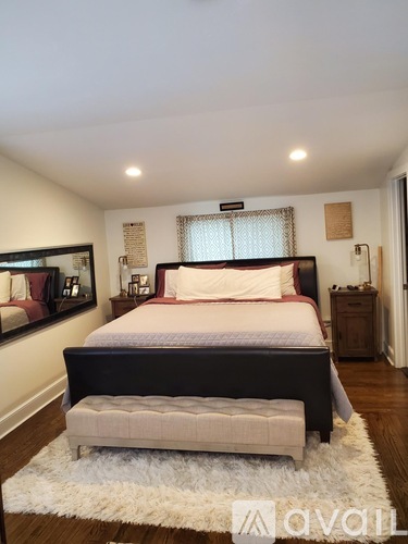 A bedroom with a large bed and a white rug.