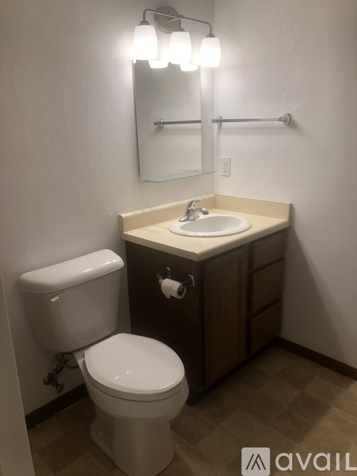 A bathroom with a toilet, sink, and mirror.