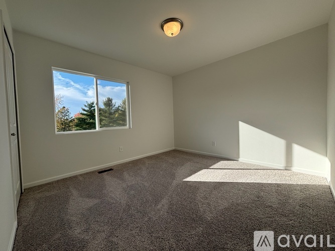 A room with a carpeted floor and a window showing trees and sky.