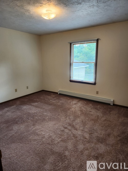 A room with a window and carpeted floor.