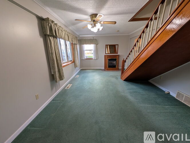 A living room with a green carpet and a ceiling fan.