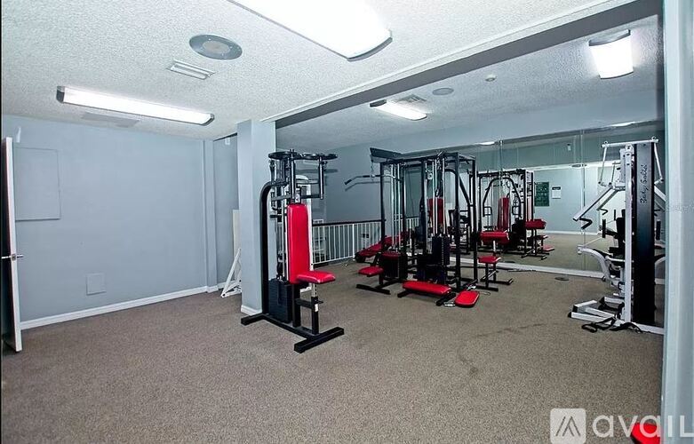 A gym with a variety of equipment including a squat rack, bench press, and a leg press machine.