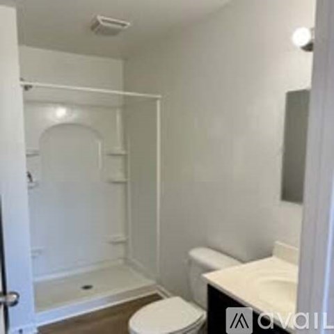 A white toilet sits in a small bathroom with a walk-in shower.