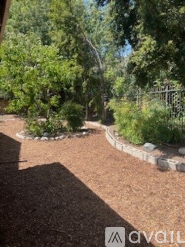 A backyard with a gravel area and a fence.