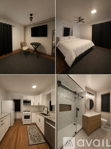 A bedroom with a bed, a chair, a table, a ceiling fan, and a television.