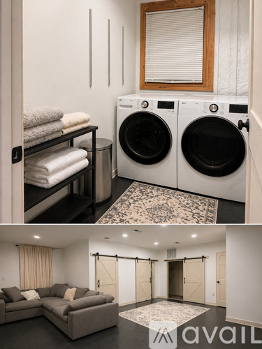 A laundry room with a washer and dryer, a shelf with towels, and a living room with a couch and a rug.