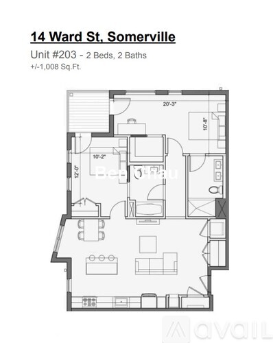 A floor plan for a unit at 14 Ward St, Somerville shows a 2 bedroom, 2 bathroom apartment with an area of +/-1,008 square feet.