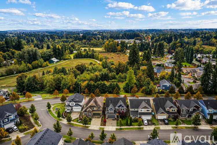 A suburban neighborhood with houses and trees.