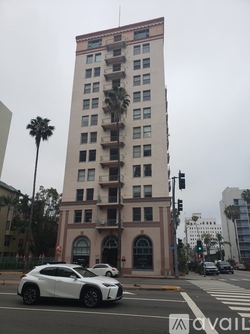 A white Lexus SUV is parked in front of a tall building with a palm tree in front of it.