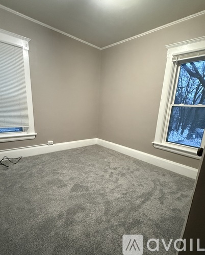 A room with a grey carpet and a window showing trees outside.