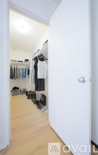 A hallway with a row of shoes on the floor.
