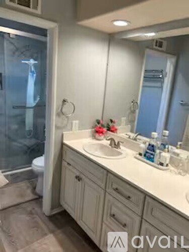 A bathroom with a sink, mirror, and toilet.